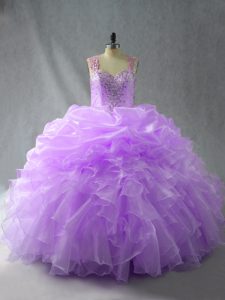 Luxurious Lavender Sleeveless Floor Length Beading and Ruffles Zipper Juniors Party Dress