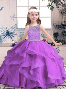 Latest Purple Scoop Neckline Beading and Ruffles High School Pageant Dress Sleeveless Lace Up
