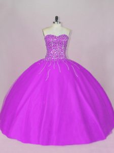 Purple Tulle Lace Up Sweetheart Sleeveless Floor Length Sweet 16 Dress Beading