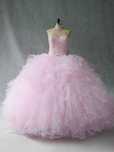 Adorable Pink Tulle Lace Up Halter Top Sleeveless Floor Length Ball Gown Prom Dress Beading and Ruffles