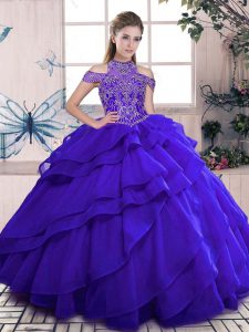 Gorgeous Blue High-neck Neckline Beading and Ruffles Quince Ball Gowns Sleeveless Lace Up