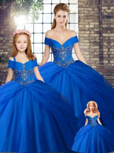 Royal Blue Quinceanera Dresses Military Ball and Sweet 16 and Quinceanera with Beading and Pick Ups Off The Shoulder Sleeveless Brush Train Lace Up