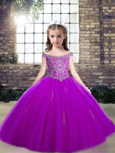 Floor Length Purple Pageant Gowns For Girls Tulle Sleeveless Appliques