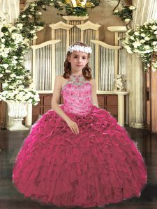 Floor Length Hot Pink Kids Pageant Dress Halter Top Sleeveless Lace Up