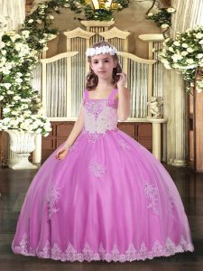 Hot Selling Lilac Straps Lace Up Appliques Little Girl Pageant Gowns Sleeveless