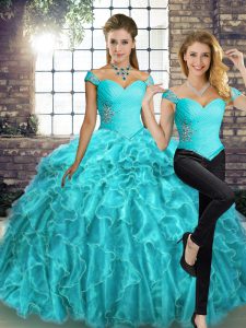 Graceful Lace Up Quinceanera Dress Aqua Blue for Military Ball and Sweet 16 and Quinceanera with Beading and Ruffles Brush Train
