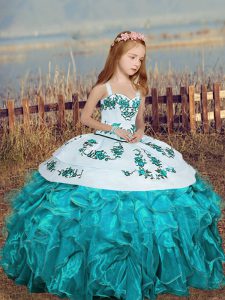 Aqua Blue Ball Gowns Straps Sleeveless Organza Floor Length Lace Up Embroidery and Ruffles Pageant Dress for Girls