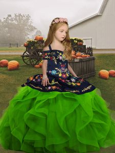 Green Sleeveless Embroidery and Ruffles Floor Length Child Pageant Dress