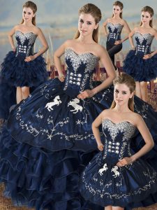 Sweetheart Sleeveless Sweet 16 Quinceanera Dress Floor Length Embroidery and Ruffles Navy Blue Satin and Organza