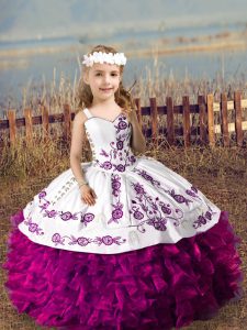 Fuchsia Lace Up Glitz Pageant Dress Embroidery and Ruffles Sleeveless Floor Length