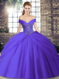 Brush Train Ball Gowns Sweet 16 Quinceanera Dress Purple Off The Shoulder Tulle Sleeveless Lace Up