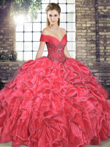 Hot Selling Coral Red Ball Gowns Organza Off The Shoulder Sleeveless Beading and Ruffles Floor Length Lace Up 15th Birthday Dress