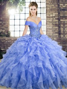 Attractive Lavender Quinceanera Dresses Military Ball and Sweet 16 and Quinceanera with Beading and Ruffles Off The Shoulder Sleeveless Brush Train Lace Up