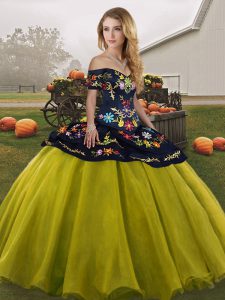 Olive Green Lace Up Quinceanera Gowns Embroidery Sleeveless Floor Length