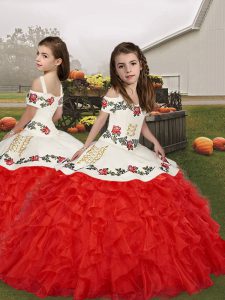 Attractive Straps Sleeveless Kids Formal Wear Floor Length Embroidery and Ruffles Red Organza