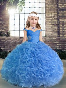 Modern Blue Spaghetti Straps Neckline Beading and Ruching Little Girl Pageant Gowns Sleeveless Lace Up
