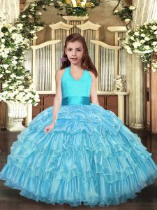 Aqua Blue Organza Lace Up Little Girls Pageant Dress Sleeveless Floor Length Ruffled Layers