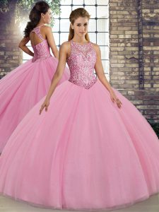 Floor Length Lace Up Sweet 16 Dress Pink for Military Ball and Sweet 16 and Quinceanera with Embroidery