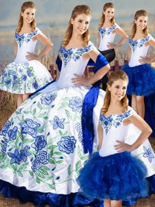 Adorable Blue And White Satin and Organza Lace Up Quinceanera Gown Sleeveless Floor Length Embroidery and Ruffles