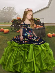 Olive Green Ball Gowns Straps Sleeveless Organza Floor Length Lace Up Embroidery and Ruffles Girls Pageant Dresses