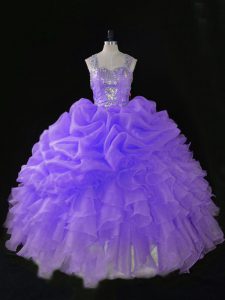 Lavender Juniors Party Dress Sweet 16 and Quinceanera with Beading and Ruffles and Pick Ups Straps Sleeveless Zipper