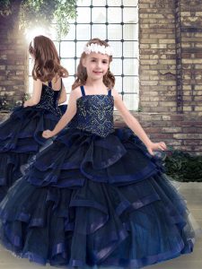 Sleeveless Tulle Floor Length Lace Up Girls Pageant Dresses in Navy Blue with Beading and Ruffles