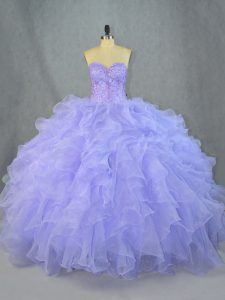Lavender Ball Gowns Sweetheart Sleeveless Organza Floor Length Lace Up Beading and Ruffles 15th Birthday Dress