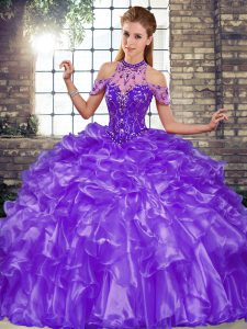 Simple Floor Length Lace Up Quinceanera Dress Purple for Military Ball and Sweet 16 and Quinceanera with Beading and Ruffles