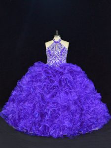 Modern Purple Ball Gowns Beading and Ruffles Sweet 16 Dress Lace Up Organza Sleeveless Floor Length