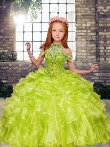 Beautiful Yellow Green Girls Pageant Dresses Party and Wedding Party with Beading and Ruffles High-neck Sleeveless Lace Up