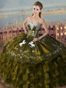 Hot Sale Olive Green Organza Lace Up Sweetheart Sleeveless Floor Length 15th Birthday Dress Embroidery and Ruffles