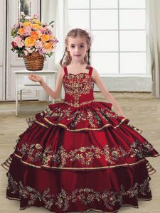 Straps Sleeveless Satin Little Girl Pageant Gowns Embroidery and Ruffled Layers Lace Up