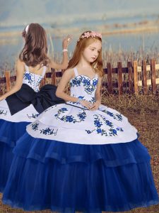 Embroidery Little Girls Pageant Gowns Blue Lace Up Sleeveless Floor Length