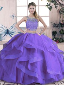 Two Pieces Ball Gown Prom Dress Purple Scoop Tulle Sleeveless Floor Length Lace Up