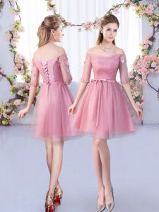 Discount Pink Tulle Lace Up Off The Shoulder Half Sleeves Mini Length Dama Dress Lace and Belt
