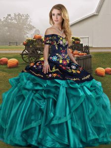 Off The Shoulder Sleeveless Lace Up 15th Birthday Dress Teal Organza