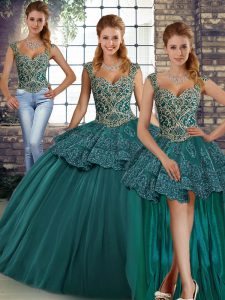 Admirable Sleeveless Floor Length Beading and Appliques Lace Up Sweet 16 Quinceanera Dress with Green