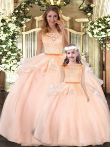 Artistic Peach Ball Gowns Organza Scoop Sleeveless Lace Floor Length Zipper Quince Ball Gowns