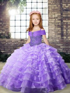 Fancy Lavender Straps Neckline Beading and Ruffled Layers Little Girl Pageant Gowns Sleeveless Lace Up