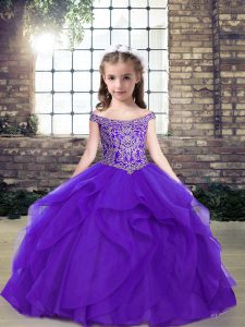 Modern Organza Scoop Sleeveless Lace Up Beading Child Pageant Dress in Purple