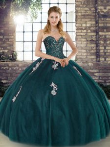 Peacock Green Quinceanera Dresses Military Ball and Sweet 16 and Quinceanera with Beading and Appliques Sweetheart Sleeveless Lace Up