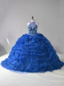 Ideal Halter Top Sleeveless Organza 15 Quinceanera Dress Beading and Pick Ups Court Train Lace Up