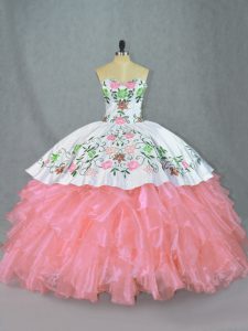 Beautiful Embroidery and Ruffles Quinceanera Gowns Pink Lace Up Sleeveless Floor Length