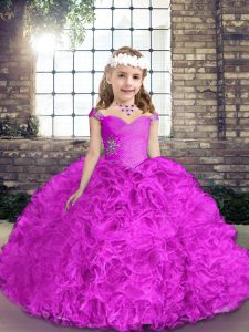 Floor Length Lace Up Child Pageant Dress Fuchsia for Party with Beading