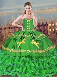 Low Price Lace Up Sweet 16 Dresses Green for Sweet 16 and Quinceanera with Embroidery and Ruffled Layers Brush Train