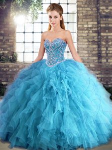Latest Aqua Blue Tulle Lace Up 15th Birthday Dress Sleeveless Floor Length Beading and Ruffles