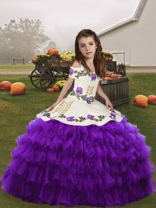 Sleeveless Organza Floor Length Lace Up Little Girls Pageant Dress in Eggplant Purple with Embroidery and Ruffled Layers