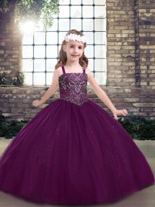 Popular Eggplant Purple Ball Gowns Tulle Straps Sleeveless Beading Floor Length Lace Up Pageant Gowns For Girls