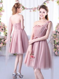 Attractive Pink Sleeveless Knee Length Appliques and Belt Lace Up Vestidos de Damas