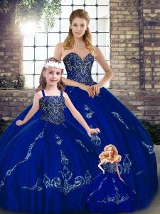Fitting Royal Blue Lace Up Sweetheart Beading and Embroidery Sweet 16 Dresses Tulle Sleeveless